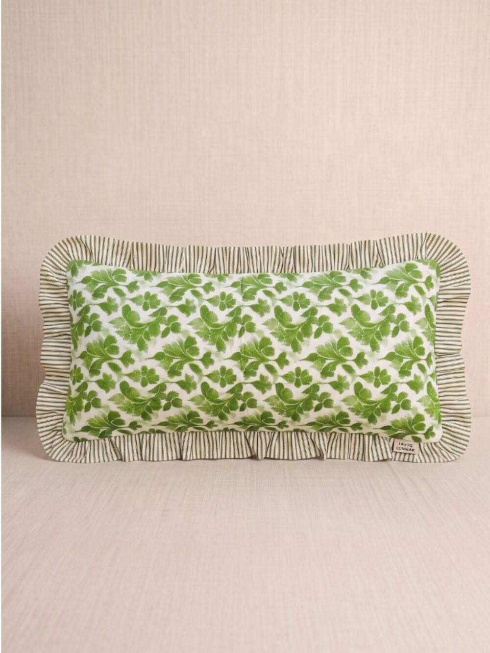 NIP Green White Damask Ruffle Striped Lumbar Throw Pillow Cover 14"x36"